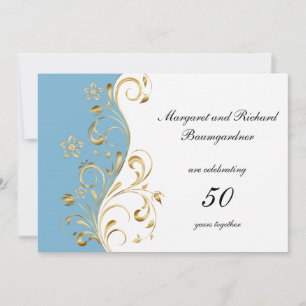 Invitación Blue Gold Swirls 50 Aniversario del Boda