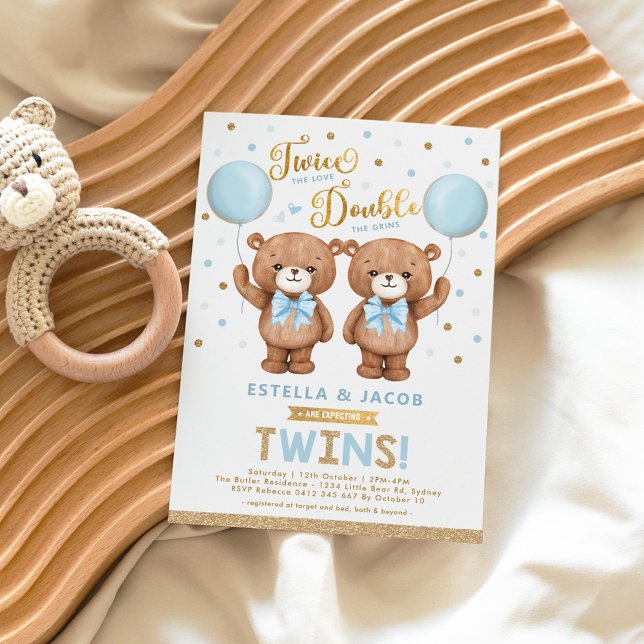 Invitación Blue Gold Teddy Bear Balloon Boy Twin Baby Shower (Subido por el creador)