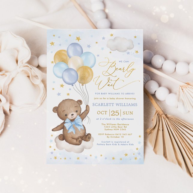 Invitación Blue Gold Teddy Bear Balloons Boy Baby Shower Invi (Subido por el creador)