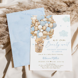 Invitación Blue Gold Teddy Bear Hot Air Balloon Baby Shower