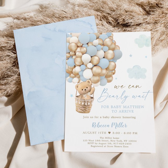 Invitación Blue Gold Teddy Bear Hot Air Balloon Baby Shower (Subido por el creador)