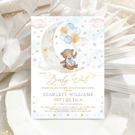 Invitación Blue Gold Teddy Bear Moon Stars Baby Boy Shower