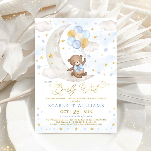 Invitación Blue Gold Teddy Bear Moon Stars Baby Boy Shower (Subido por el creador)
