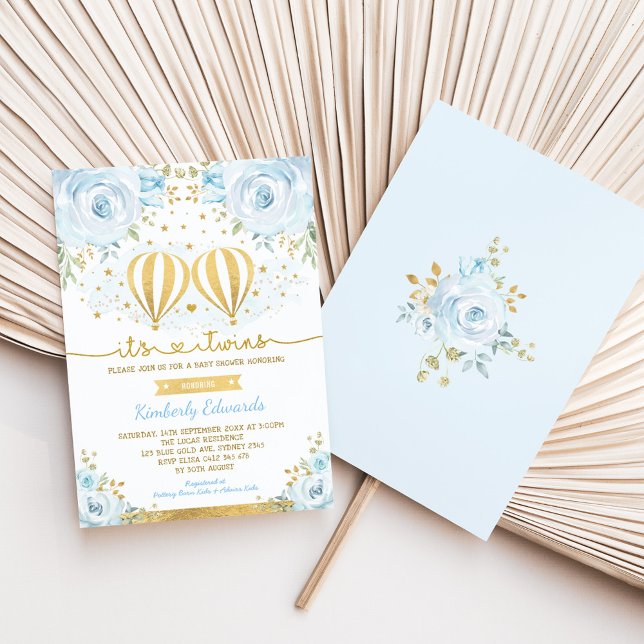 Invitación Blue Gold Twin Boys Hot Air Balloon Baby Shower (Subido por el creador)