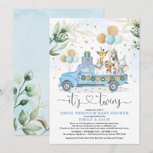 Invitación Blue Gold Twin Boys Jungle Drive a través de Baby 