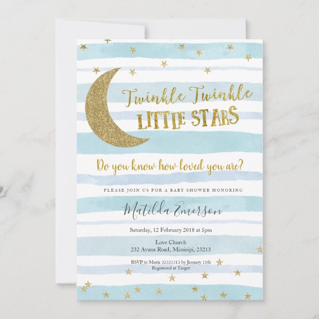 Invitación Blue Gold Twinkle Little Star Baby Shower (Anverso)