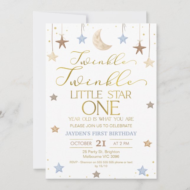 Invitación Blue Gold Twinkle Little Star Photo Birday (Anverso)