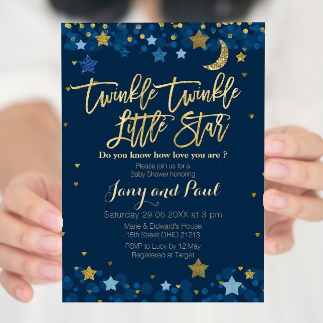 Invitación Blue Gold Twinkle Twinkle Little Star Baby Shower (Subido por el creador)