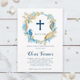 Invitación Blue & Gold Under Sea Wreath Baptism
