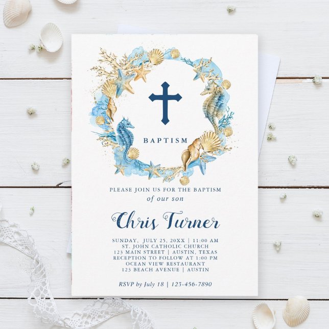 Invitación Blue & Gold Under Sea Wreath Baptism (Subido por el creador)