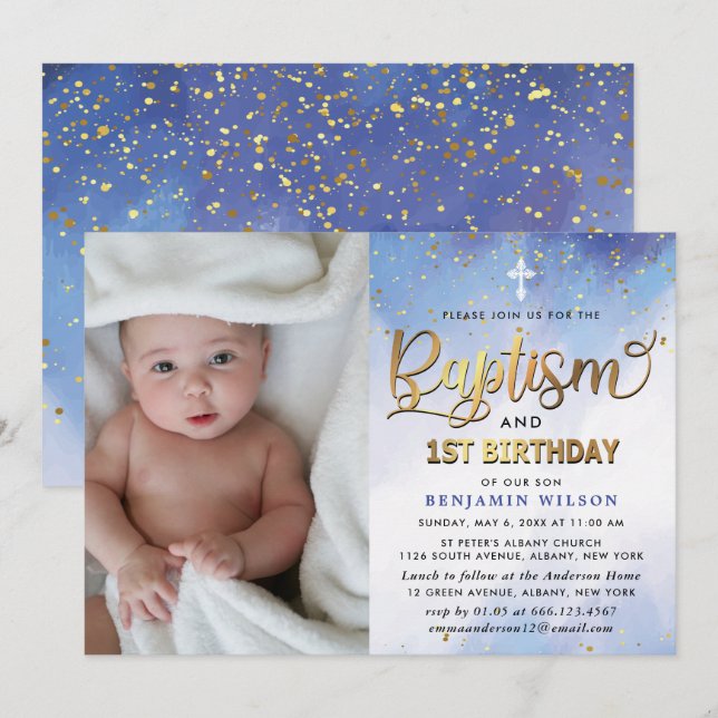 Invitación Blue & Gold Watercolor Boy Baptismo y primer cumpl (Anverso / Reverso)