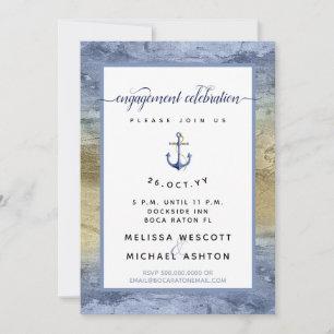 Invitación Blue Gold Watercolor #Nautical Engagement Party