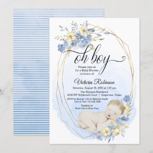Invitación Blue Gold Watercolor Oh Boy Baby Shower