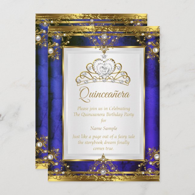 Invitación Blue Gold White Pearl Princess (Anverso / Reverso)