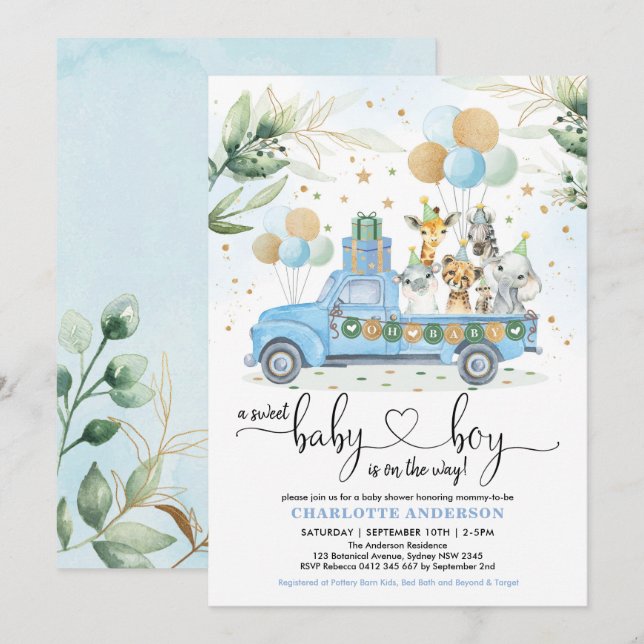 Invitación Blue Gold Wilgle Animal Sweet Baby Boy Shower (Anverso / Reverso)