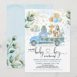 Invitación Blue Gold Wilgle Animal Sweet Baby Boy Shower