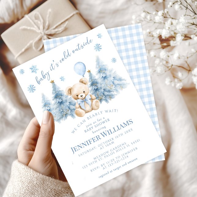 Invitación Blue Gold Winter Trees Teddy Bear Baby Boy Shower (Subido por el creador)
