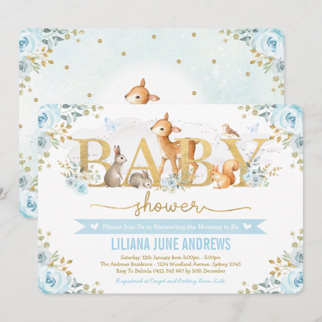 Invitación Blue Gold Woodland Boy Baby Shower Forest Animals (Anverso / Reverso)
