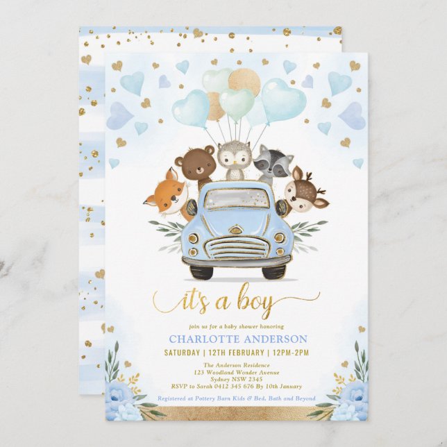 Invitación Blue Gold Woodland Cariño Baby Boy Shower (Anverso / Reverso)