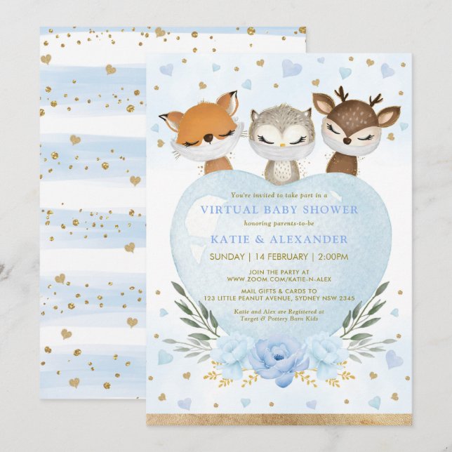 Invitación Blue Gold Woodland querido Baby Shower virtual (Anverso / Reverso)