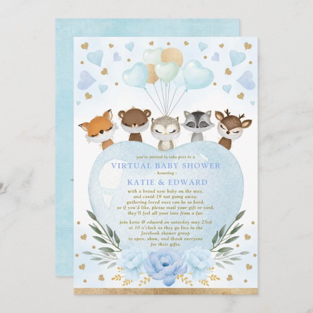 Invitación Blue Gold Woodland Valentine Baby Shower virtual (Anverso / Reverso)