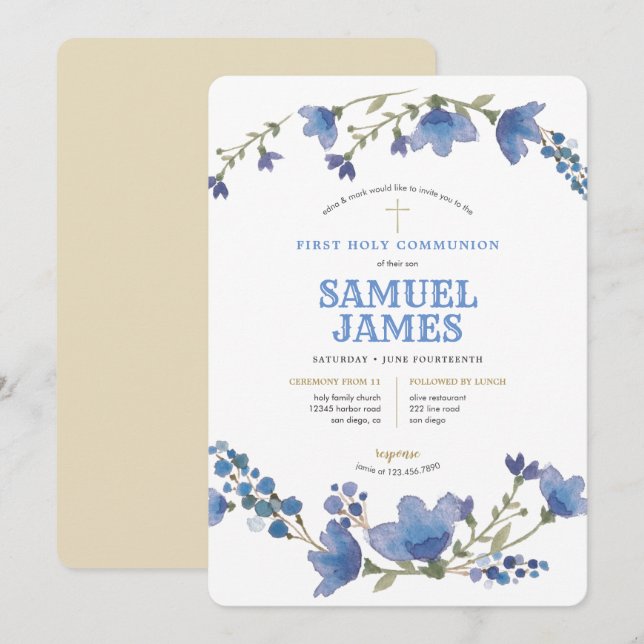 Invitación Blue Gold Wreath Santa Primera Comunión (Anverso / Reverso)