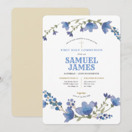 Invitación Blue Gold Wreath Santa Primera Comunión