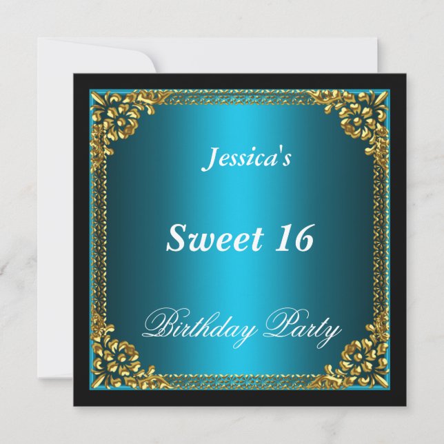 Invitación Blue Gold y Black Sweet 16 Fiesta de cumpleaños (Anverso)