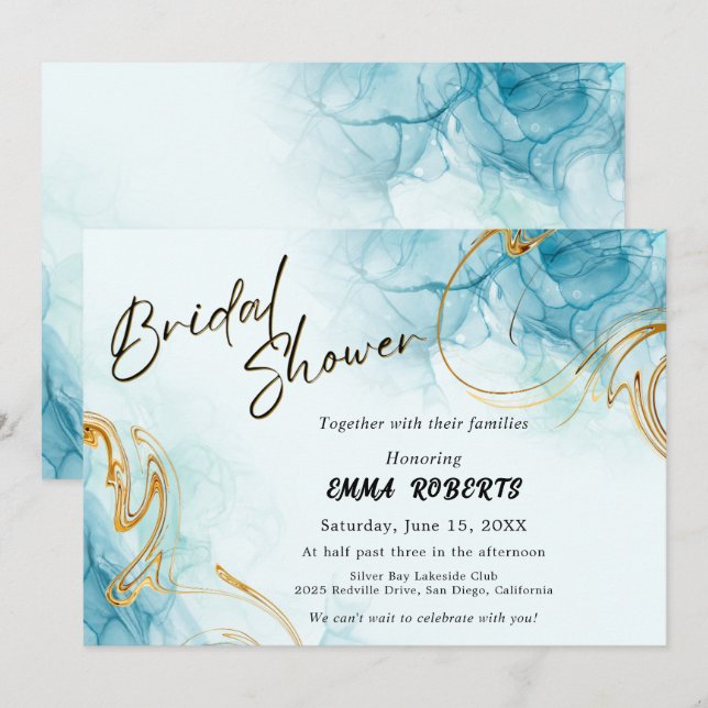 Invitación Blue Gold y White Elegance Naranja Bridal (Anverso / Reverso)
