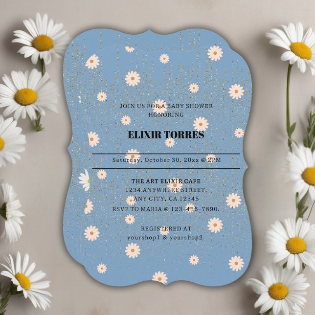 Invitación Blue Golden Daisy Purpurina Glow Baby Shower (Subido por el creador)