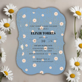 Invitación Blue Golden Daisy Purpurina Glow Baby Shower