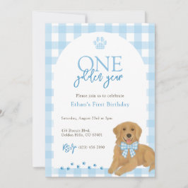 Invitación Blue Golden Retriever Un año de oro Cumpleaños