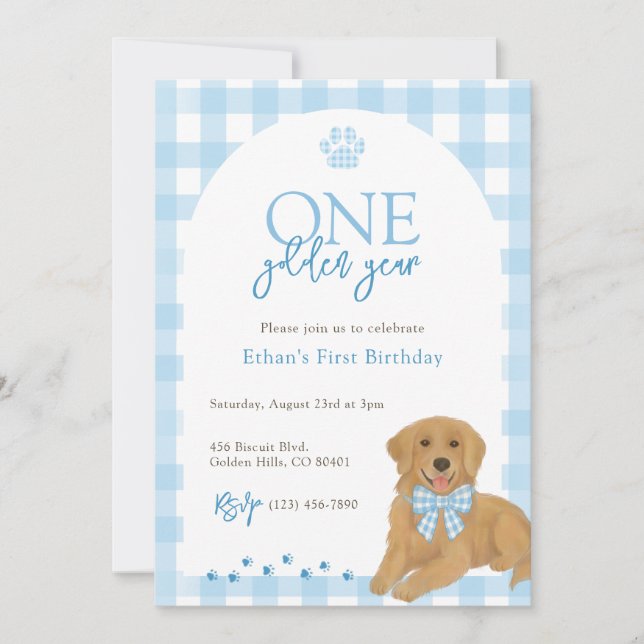 Invitación Blue Golden Retriever Un año de oro Cumpleaños (Anverso)