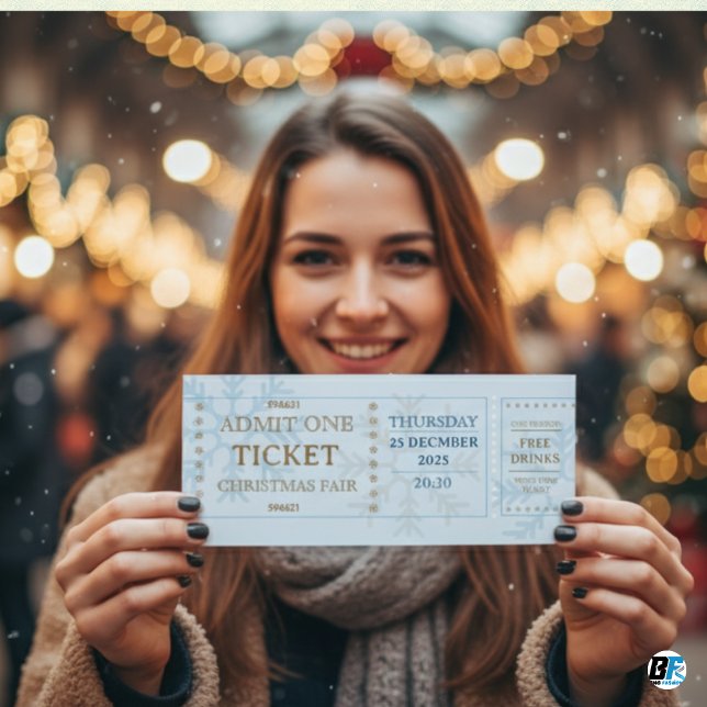 Invitación Blue & Golden Simple Fair Christmas Ticket (ENTRY PASS TICKET)