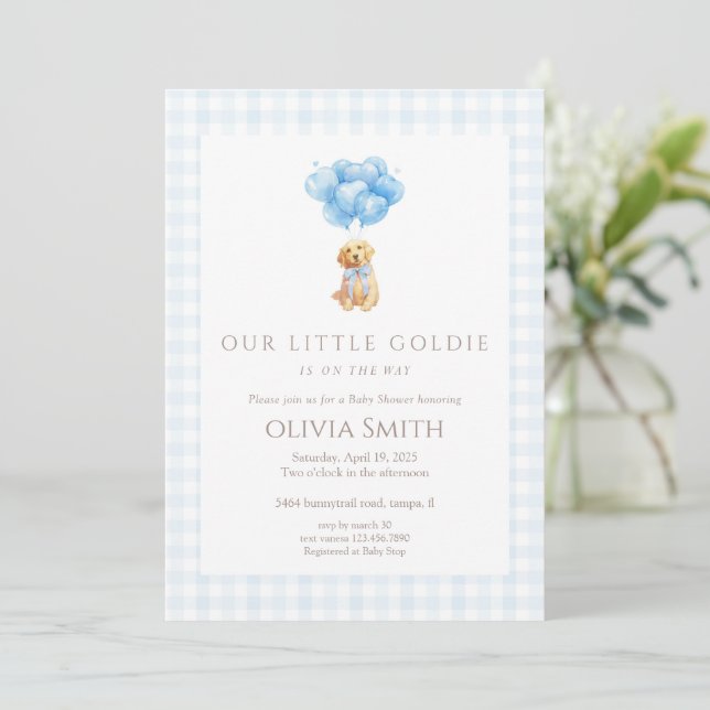 Invitación Blue Goldendoodle Puppy Baby Shower (Anverso de pie)