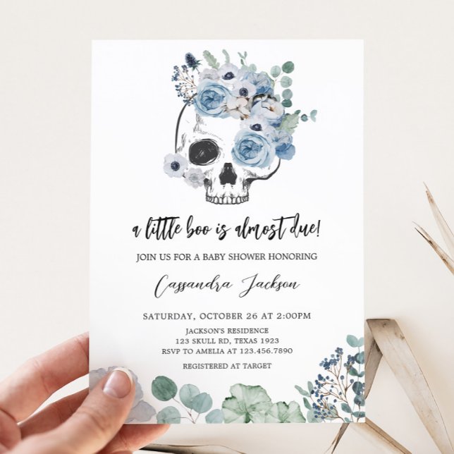 Invitación Blue Gothic Floral Skull Baby Shower (Floral Skull Baby Shower Invitation)