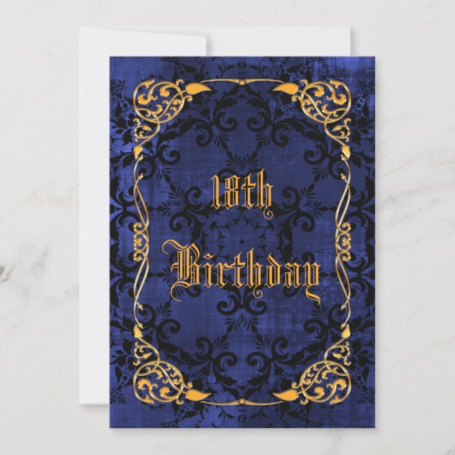 Invitación Blue Gothic & Gold con fecha de cumpleaños 18 (Anverso)