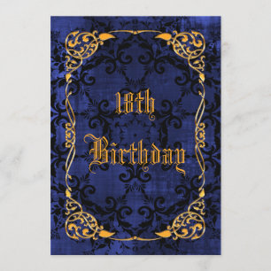 Invitación Blue Gothic & Gold con fecha de cumpleaños 18