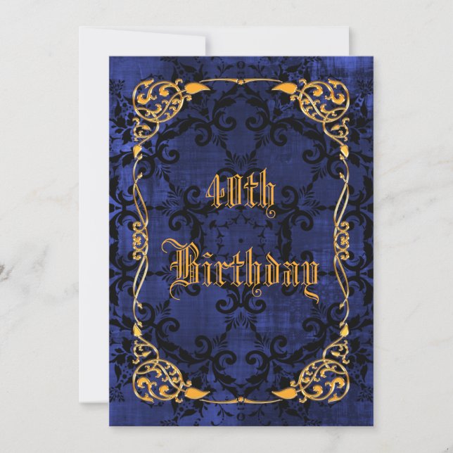 Invitación Blue Gothic & Gold Enmarcado en 40 cumpleaños (Anverso)