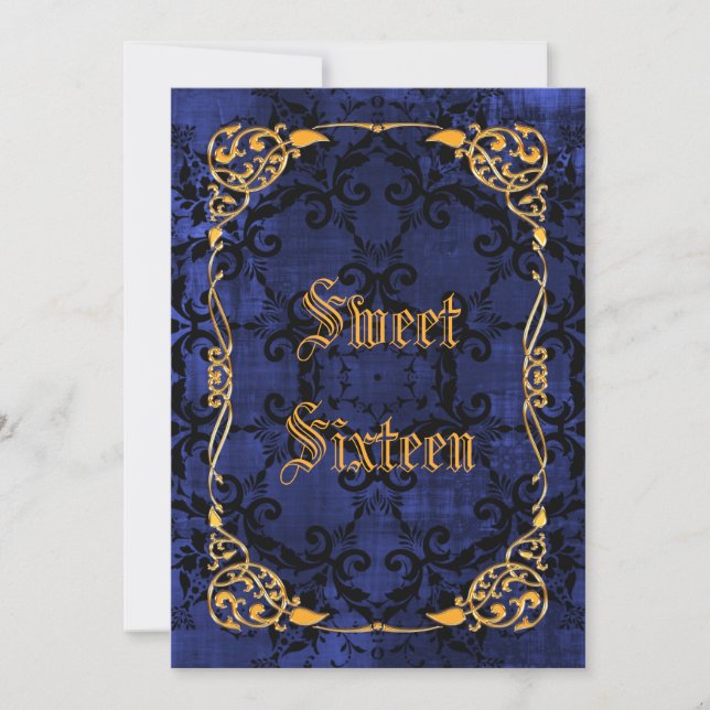Invitación Blue Gothic & Gold Framed Sweet 16 (Anverso)