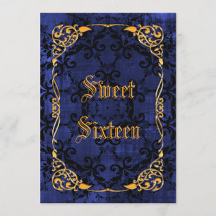 Invitación Blue Gothic & Gold Framed Sweet 16