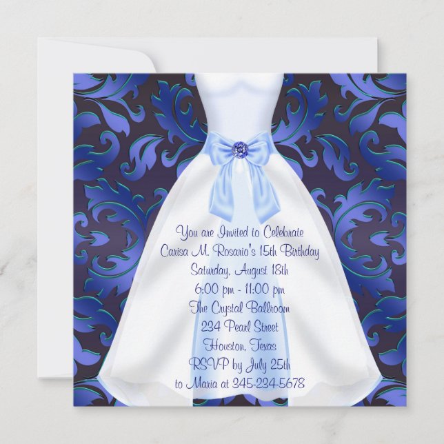Invitación Blue Gown Blue Damask Quinceanera Birday Party (Anverso)