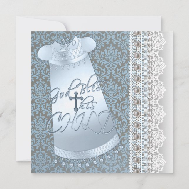 Invitación Blue Gown Brown Blue Damask Baby Boy Christening (Anverso)