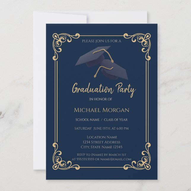 Invitación Blue Grad Cap Frame Navy Blue Graduation (Anverso)