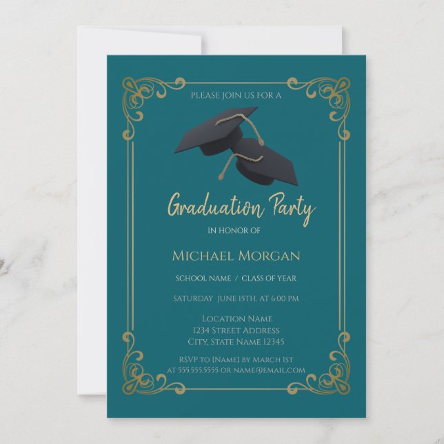 Invitación Blue Grad Cap Frame Teal Graduation (Anverso)