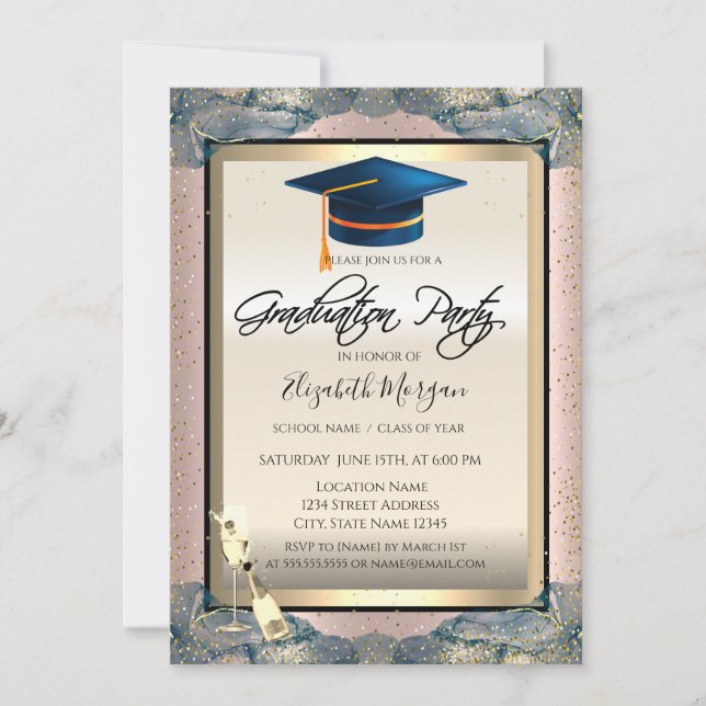 Invitación Blue Grad Cap, Wine, Confetti Rosa Graduación de O (Anverso)
