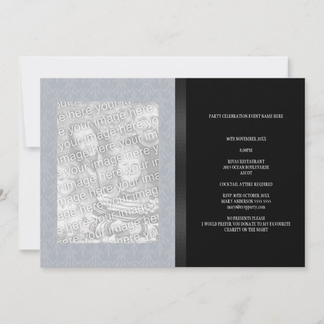 Invitación Blue Gray Floral Damask Black Photo All Events (Anverso)