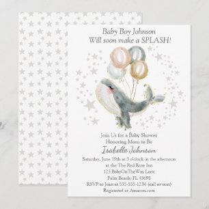 Invitación Blue Gray Gold Watercolor Cute Whale Baby Shower