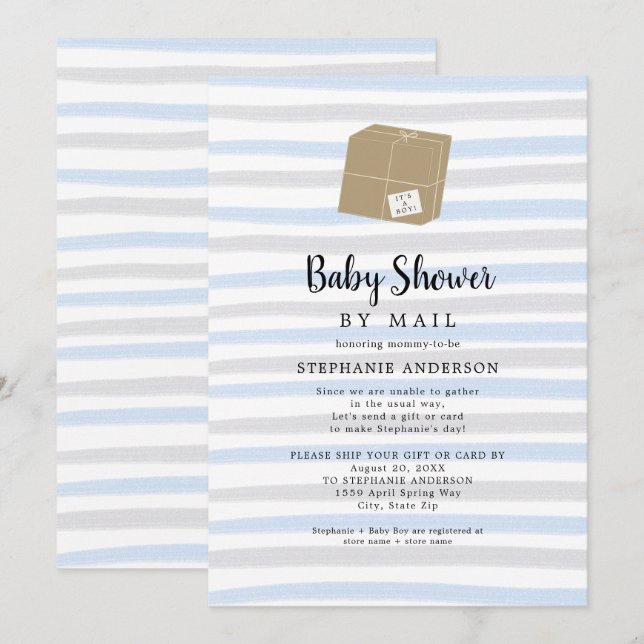Invitación Blue Gray Stripes Boy Baby Shower por correo (Anverso / Reverso)