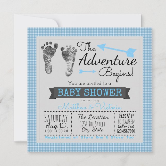 Invitación Blue Gray The Adventure Comienza a Boy Baby Shower (Anverso)